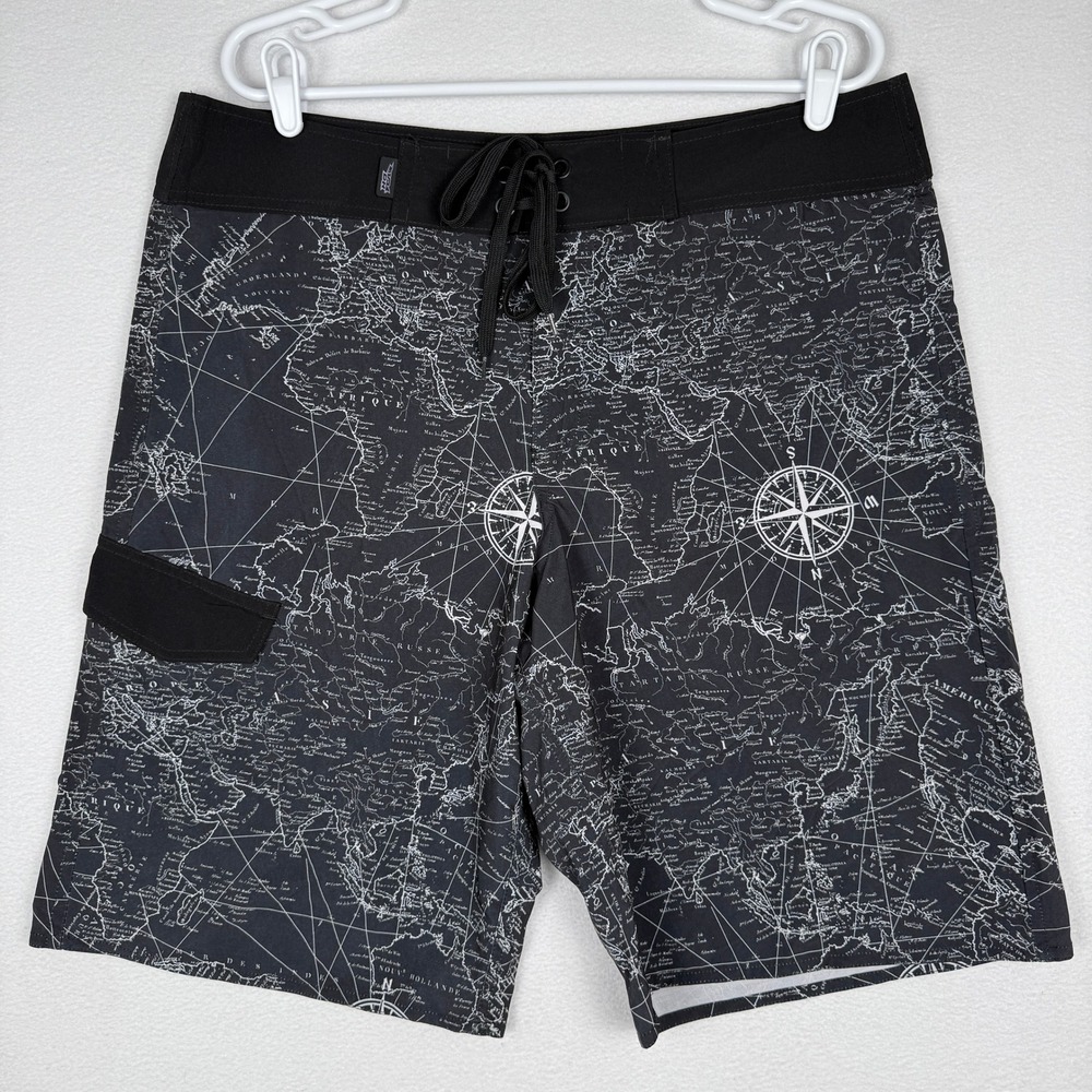No Fear Mens 36 Vintage Nautical Map Print Board Shorts Black White 68B03997